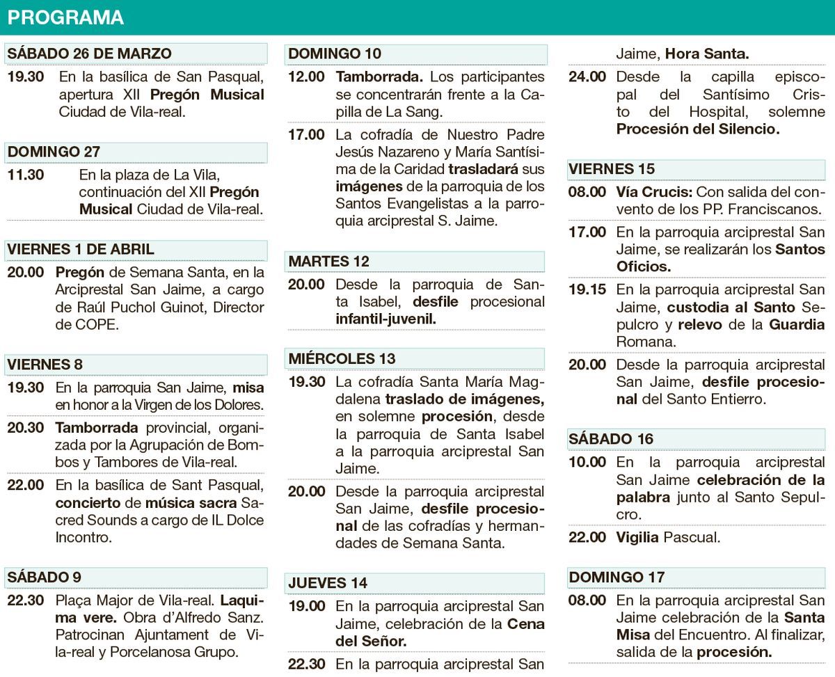 Programa de actos de la Semana Santa de Vila-real del 2022.