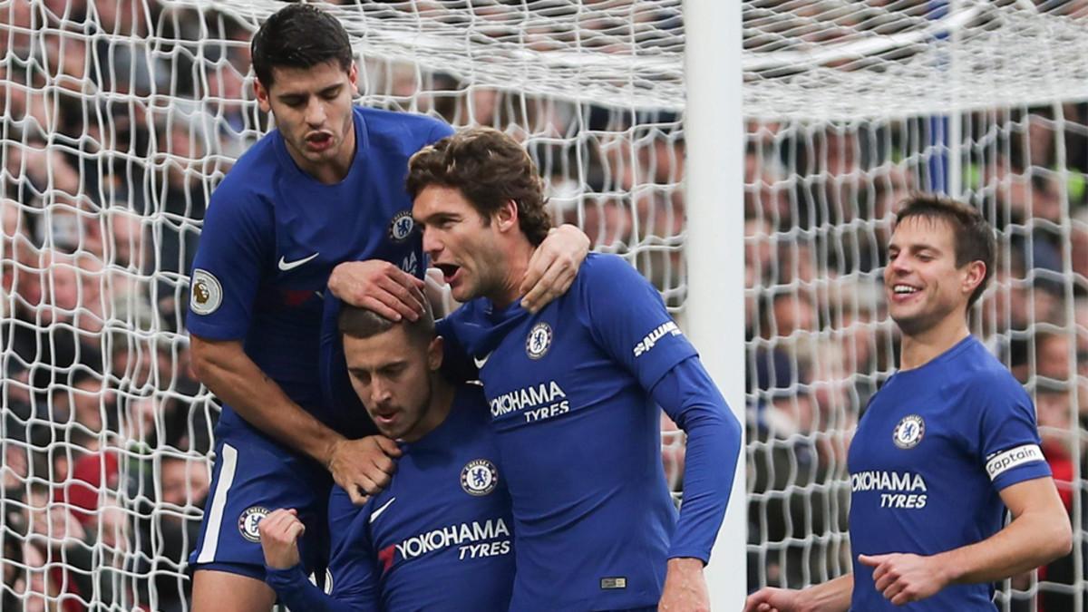 Morata, Hazard, Marcos ALonso y Azpilicueta celebran un gol del Chelsea