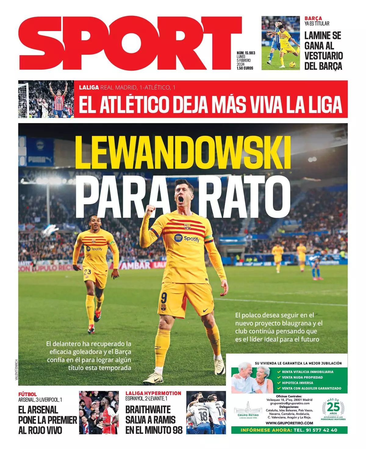 La portada SPORT de hoy, lunes 5 de febrero de 2024