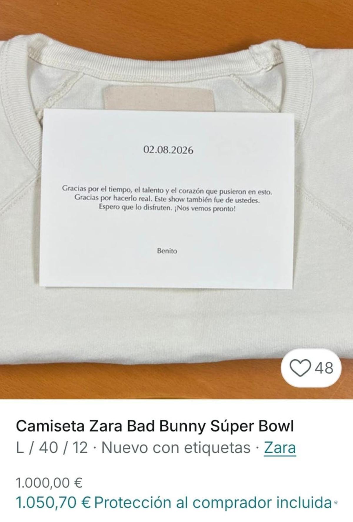 Anuncio de la camiseta de Bad Bunny en una plataforma de segunda mano