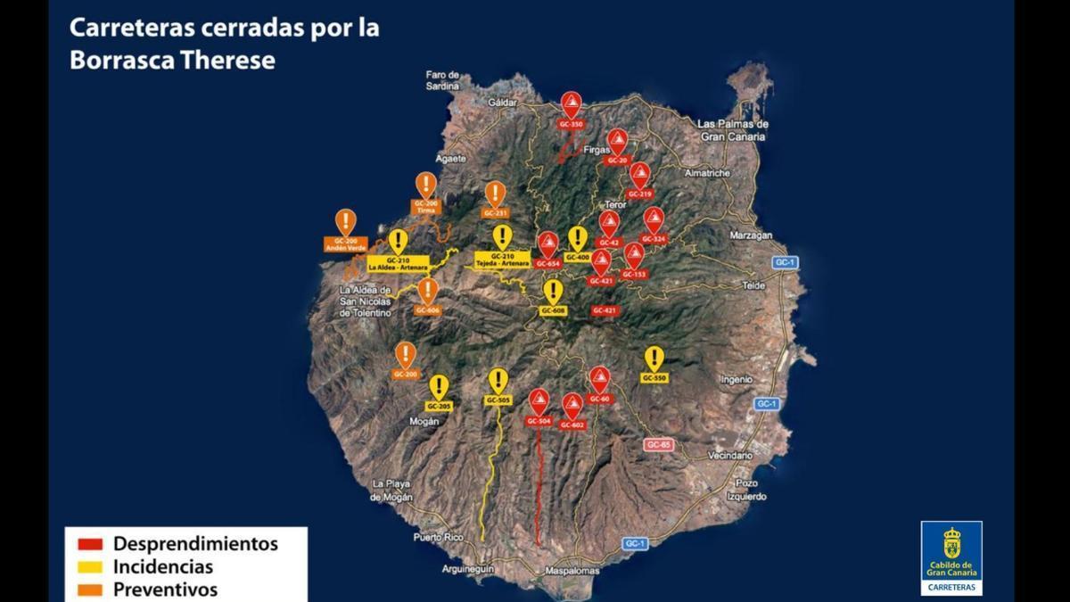 Mapa con la situación de las carreteras afectadas por la borrasca a las 10:00 del día 25/03/26
