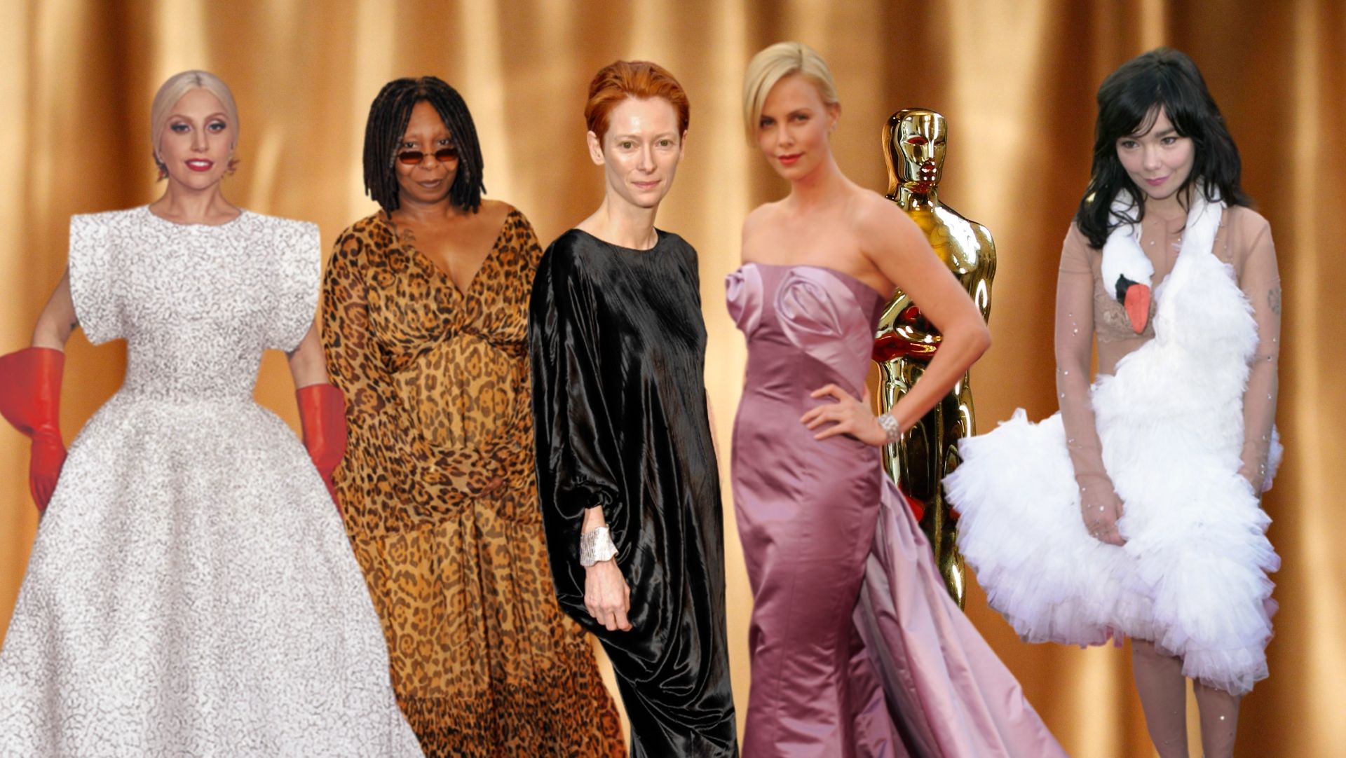 Lady Gaga, Whoopi Goldberg, Tilda Swinton, Charlize Theron y Björk son recordadas por sus estilismos calamitosos en los Oscar.