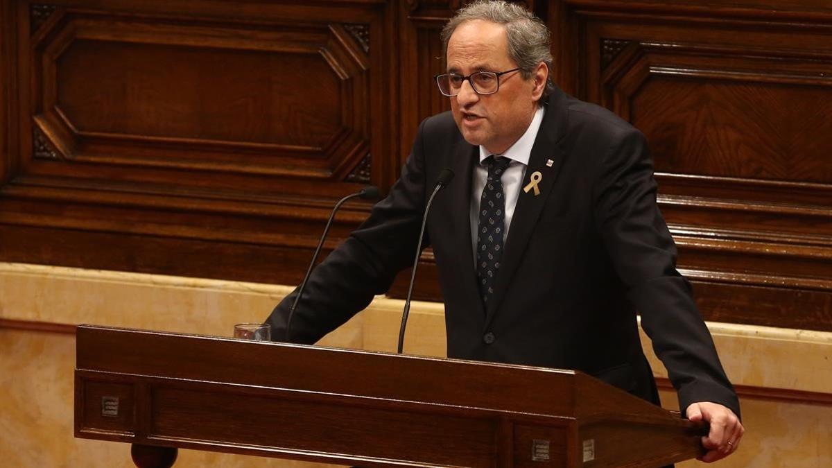 El 'president', Quim Torra, durante su intervención en la primera sesión del debate de política general, en el Parlament.