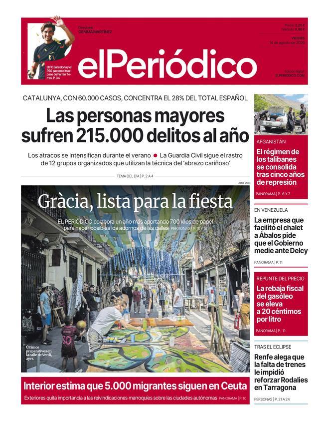 La portada de EL PERIÓDICO del 14 de agosto de 2026