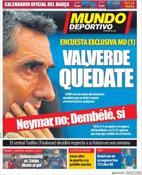 Portada MUNDO DEPORTIVO sábado 29  diciembre 2018