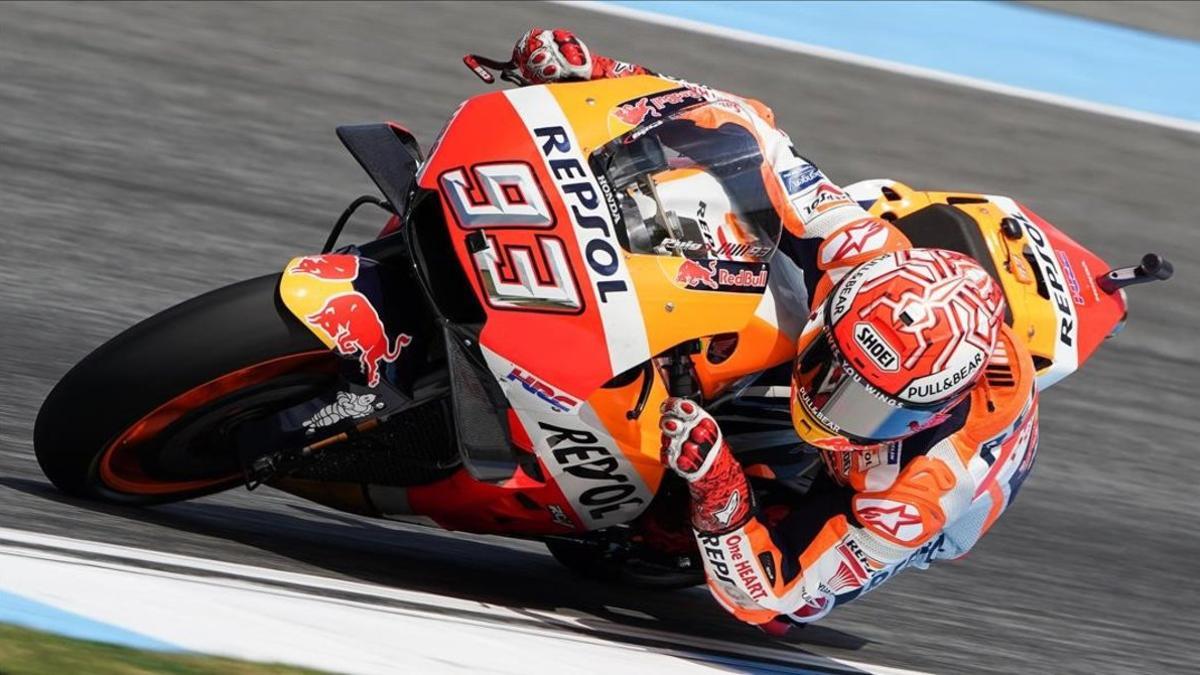 Marc Márquez (Honda),en su vuelta rápida de hoy en el circuito tailandés de Buriram.