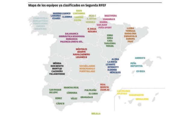 Relación de equipos ya clasificados para la Segunda RFEF, repartidos por comunidades autónomas.