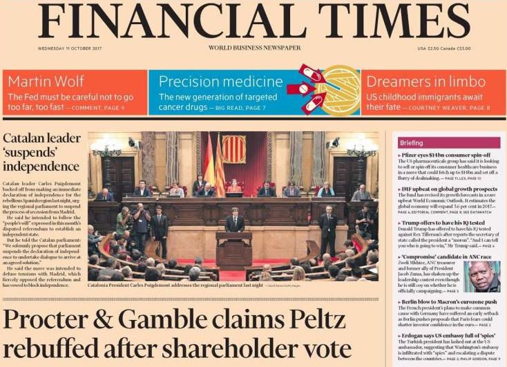 'El líder catalán suspende la independencia', dice 'Financial Times'