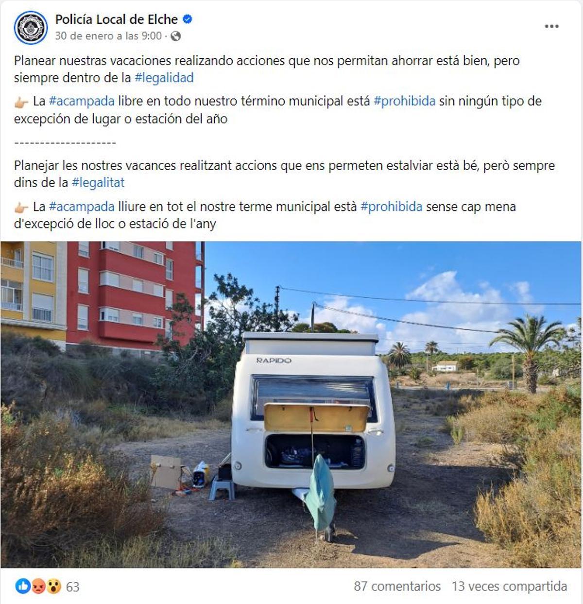 Un post de la Policía Local de Elche que ha recibido airadas críticas de los vecinos de La Marina