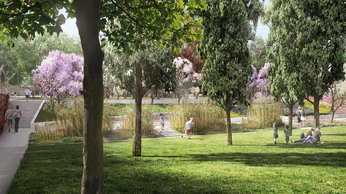 Imagen virtual del parque de las Tretze Roses, cuyas obras acaban de comenzar, en Sants-Montjuïc.