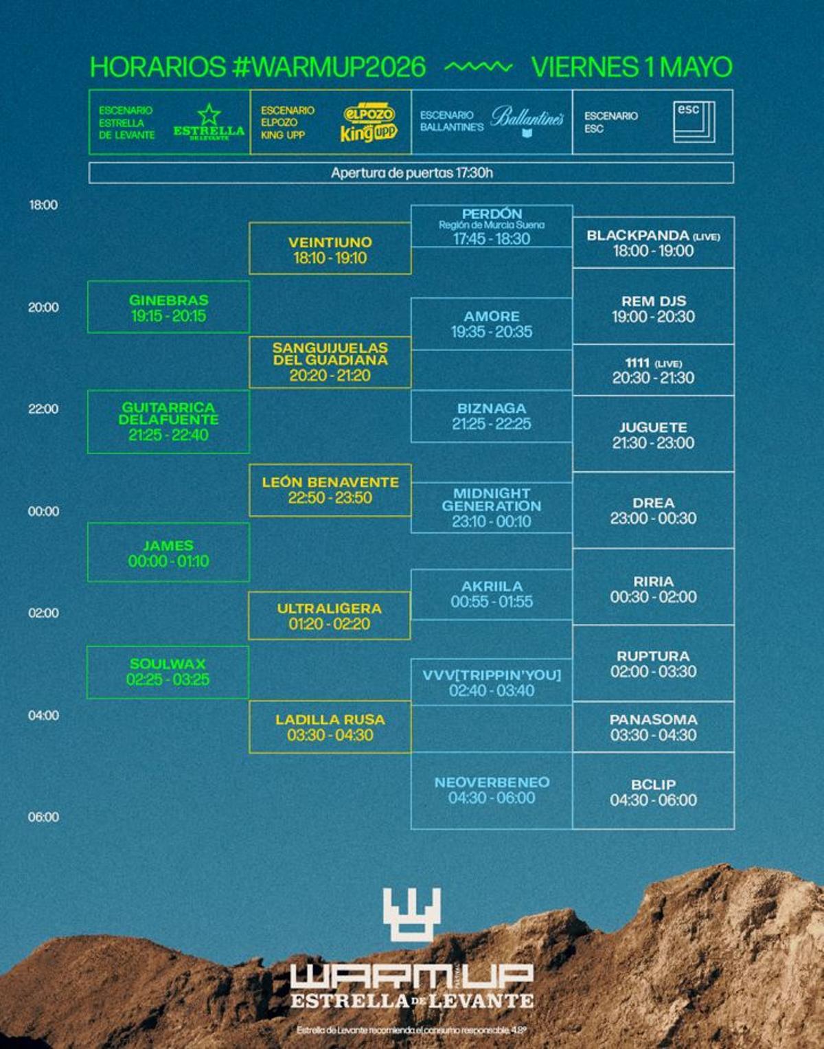Horarios del Warm Up 2026 el viernes