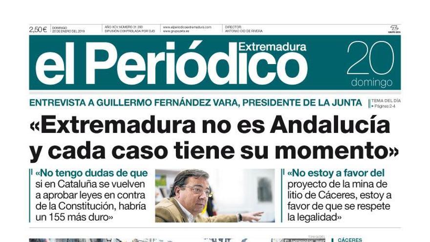 Esta es la portada de EL PERIÓDICO EXTREMADURA correspondiente al día 20 de enero del 2019