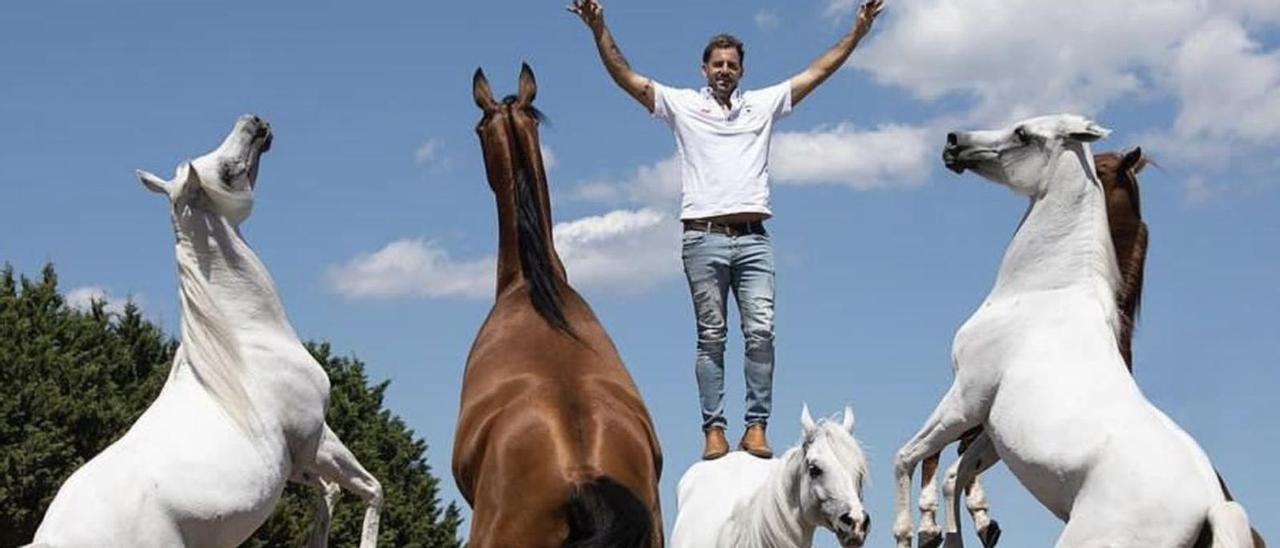 Santi Serra junto varios caballos de su propiedad.