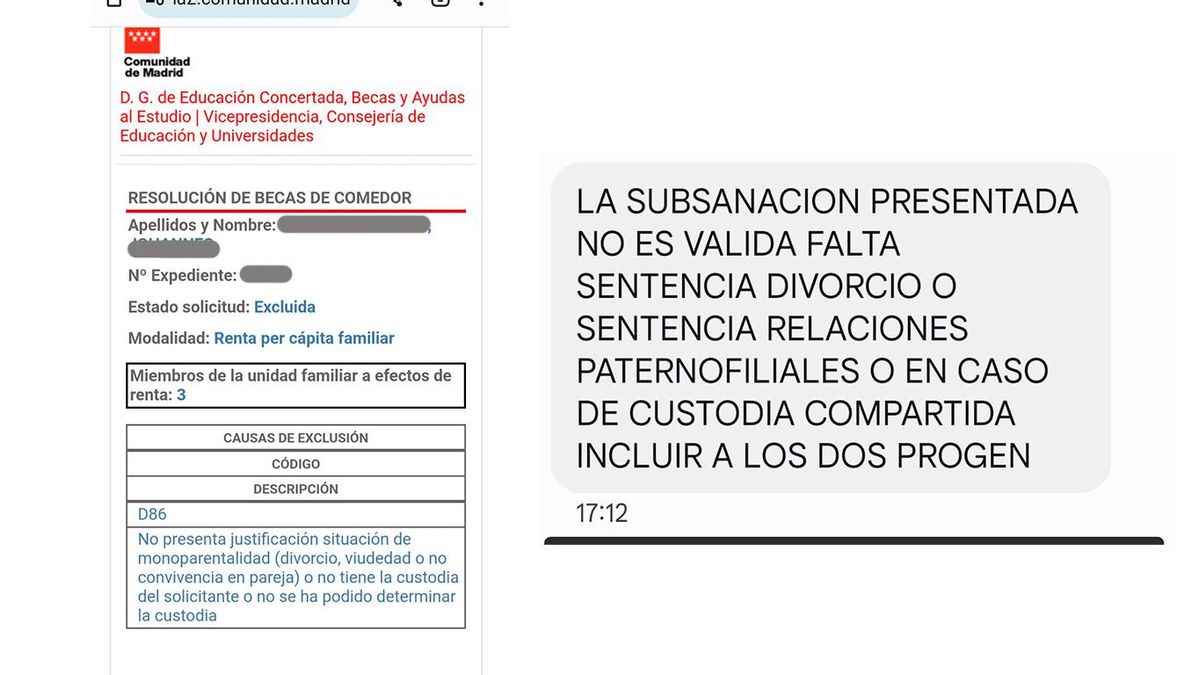 Mensajes de denegación de la beca comedor recibidos por Miriam Galindo.