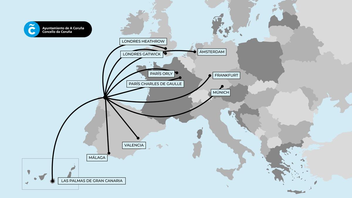 Mapa de destinos que el Gobierno local de A Coruña considera &quot;atractivos&quot; para incrementar la oferta de vuelos de Alvedro.