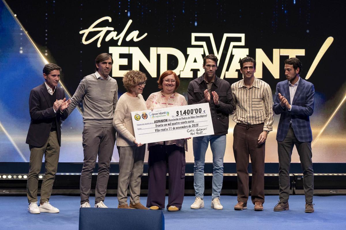 Marcelino, Gerard, Parejo, Pedraza y la peña Celtic Submarí entregaron el cheque solidario de la Fiesta de la Afición a beneficio de Aspanion.