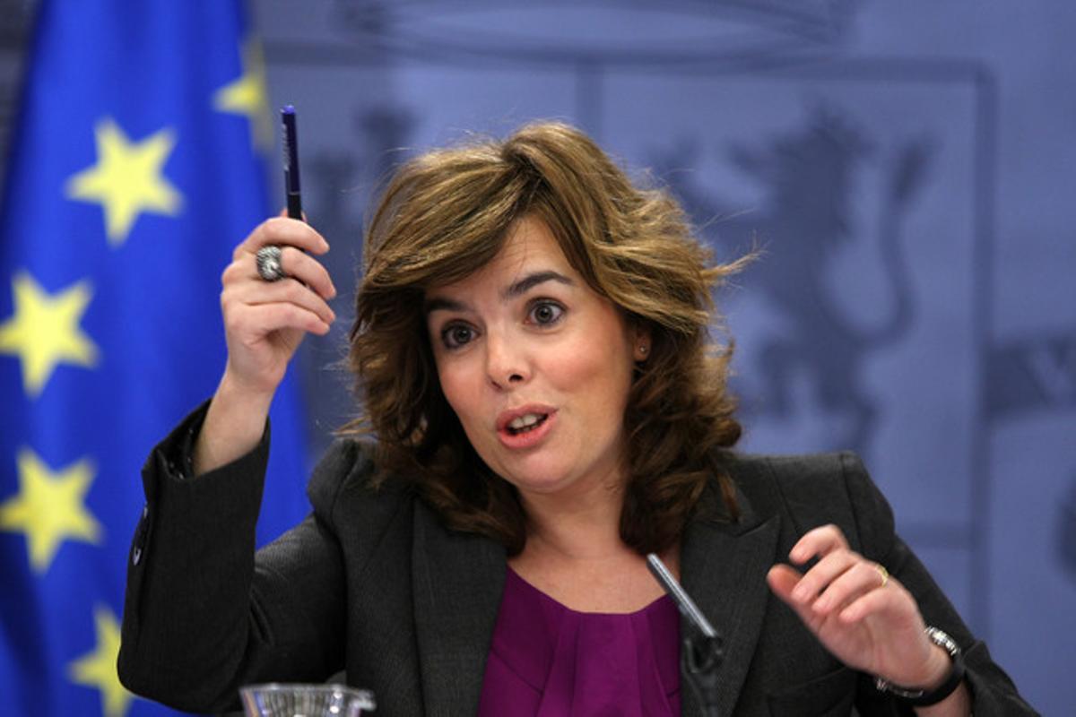 Soraya Sáenz de Santamaría, a la roda de premsa en què va assegurar que el copagament no estava sobre la taula del Govern, el 16 de març passat. Soraya Sáenz de Santamaría, a la roda de premsa en què va assegurar que el copagament no estava sobre la taula del Govern, el 16 de març passat.