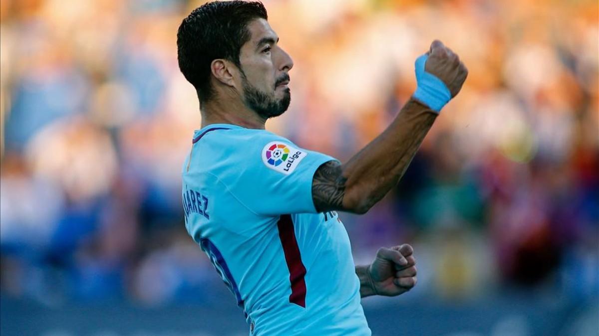 Suárez celebrando uno de los dos goles que ha anotado frente al Leganés