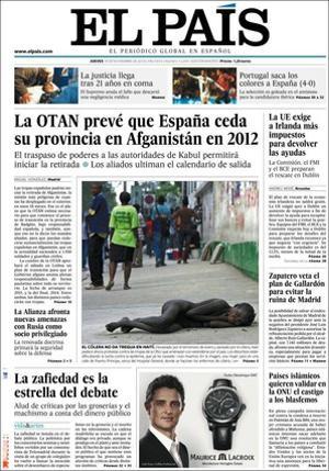 A dins ’El País’ també destaca que Zapatero diu ’no’ al pla de Ruiz-Gallardón per salvar el deute de la capital; que el PPC retira del videojoc d’Alicia Croft els ’sense papers’ però manté la caça d’independentistes; que el president interí del Palau de la Música va dinamitar una reunió sobre les imputacions de CDC; entrevista Carme Trilla, secretària de Vivenda de la Generalitat --A tot Catalunya hi va haver venda il·legal de pisos socials--, i diu que ERC recolzarà la investidura de Mas sense necessitat d’un referèndum d’independència. També realça que la barroeria i la grolleria s’han instal·lat en les tertúlies d’una Telemadrid finançada amb diners públics i que hi haurà dos models de finançament dels drets audiovisuals de la Lliga de Futbol Professional espanyola.