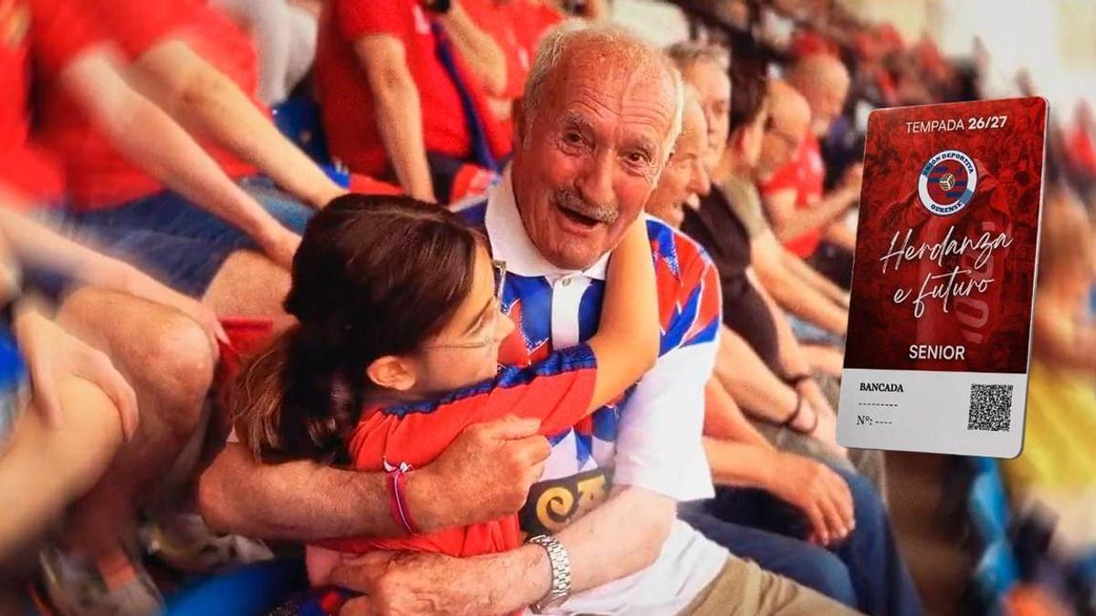 José y su nieta se abrazan durante un instante del vídeo de la campaña de abonados de la Unión Deportiva Ourense. / UD Ourense
