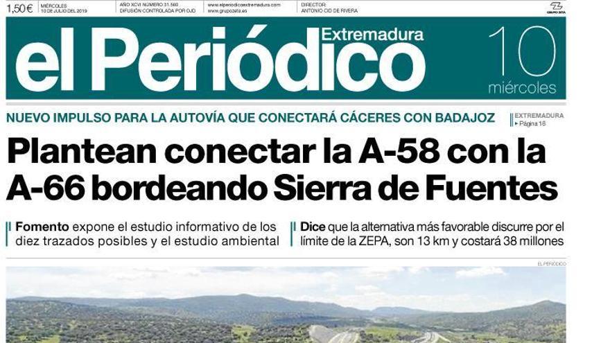 Esta es la portada de EL PERIÓDICO EXTREMADURA correspondiente al día 10 de julio del 2019