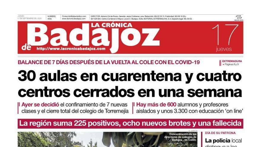 Esta es la portada de LA CRÓNICA DE BADAJOZ correspondiente al día 17 de septiembre del 2020