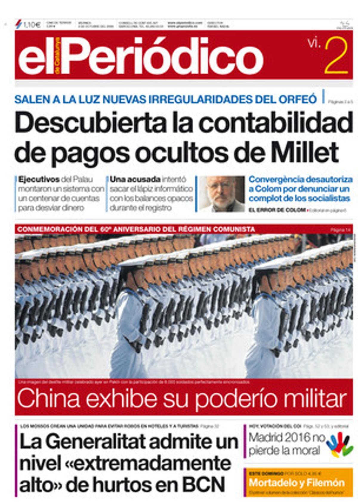 Descoberta la comptabilitat de pagaments ocults de Millet. Portada publicada el 2 d’octubre del 2009.