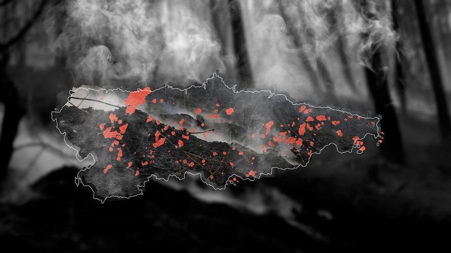 Toda la superficie quemada en Asturias tras las dos oleadas de incendios: tan grande como Siero y Llanera juntos