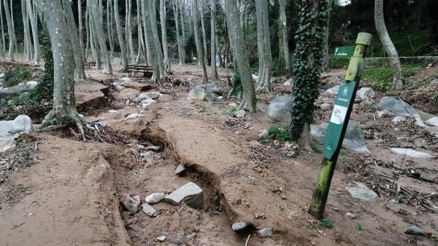 Un parc totalment destrossat per una riuada a Arbúcies a causa del temporal Gloria