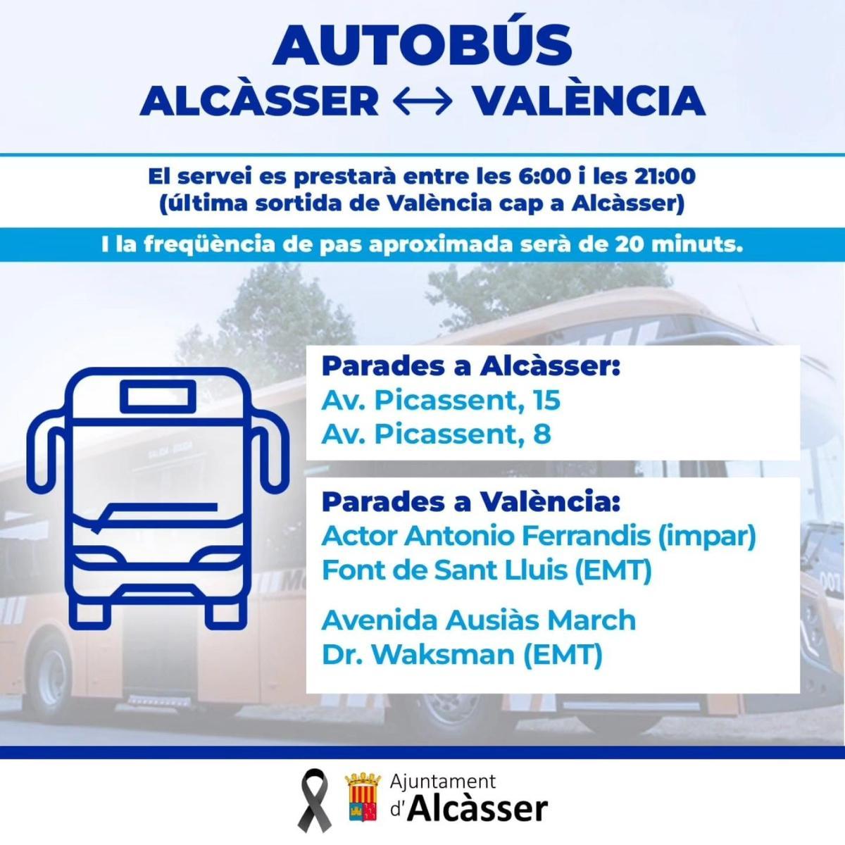 Paradas del único autobus quepara en Alcàsser.
