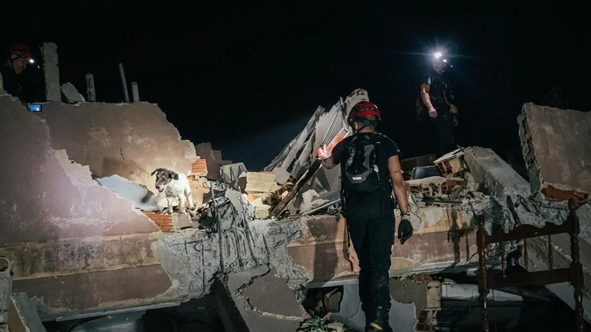 Bomberos del Consorcio de Córdoba con el perro especializado en la búsqueda de supervivientes, en la noche del sábado en Venezuela (imagen facilitada por el Consorcio).