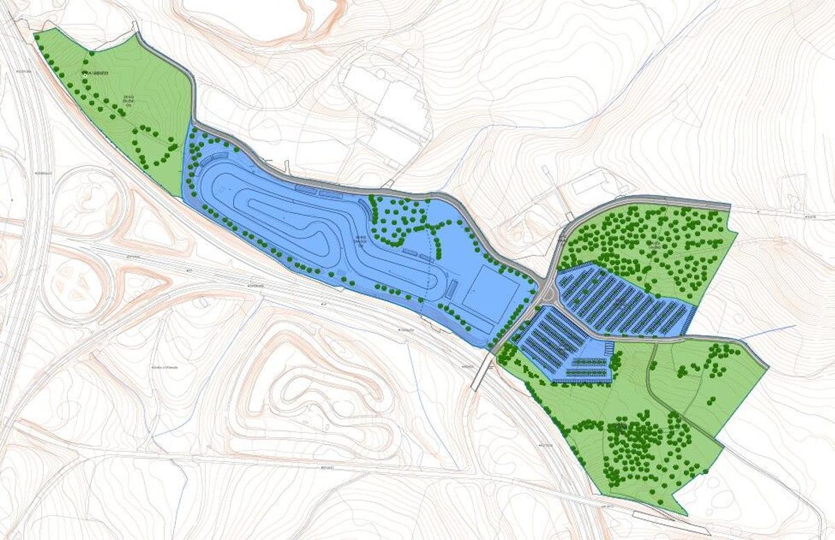 La ampliación del circuito de autocross de Arteixo, con los espacios libres en verde y las instalaciones en azul