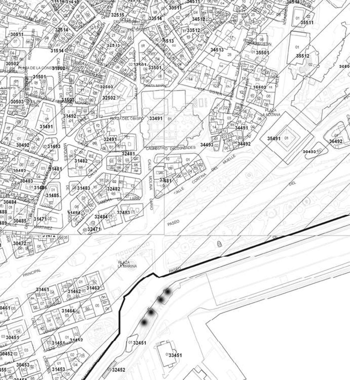 Plano de la Declaración de BIC del Centro Histórico con las columnas señaladas