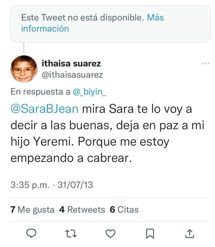 Unos de los tweets donde la madre de Yéremi contesta a un tweet borrado de Biyín