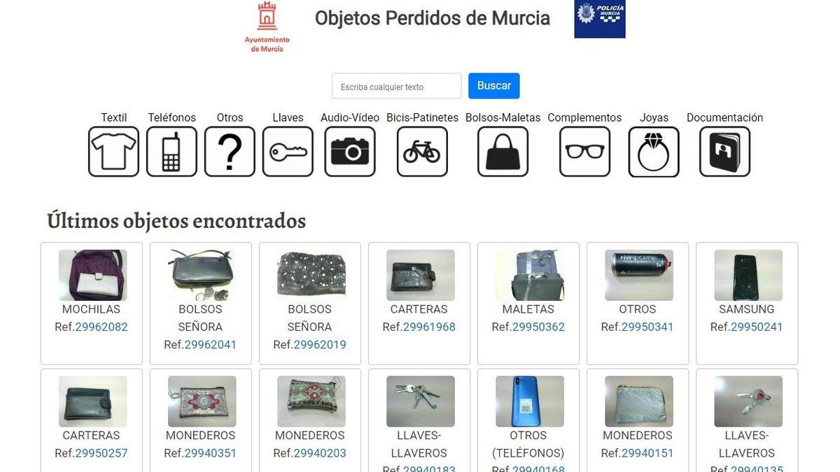 Portada de la web de la oficina de objetos perdidos de la Policía Local de Murcia