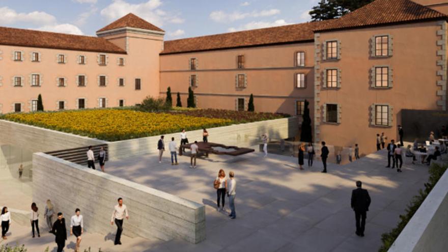 Recreació virtual del nou Museu Thyssen en què es veu un jardí elevat a la part posterior del monestir.