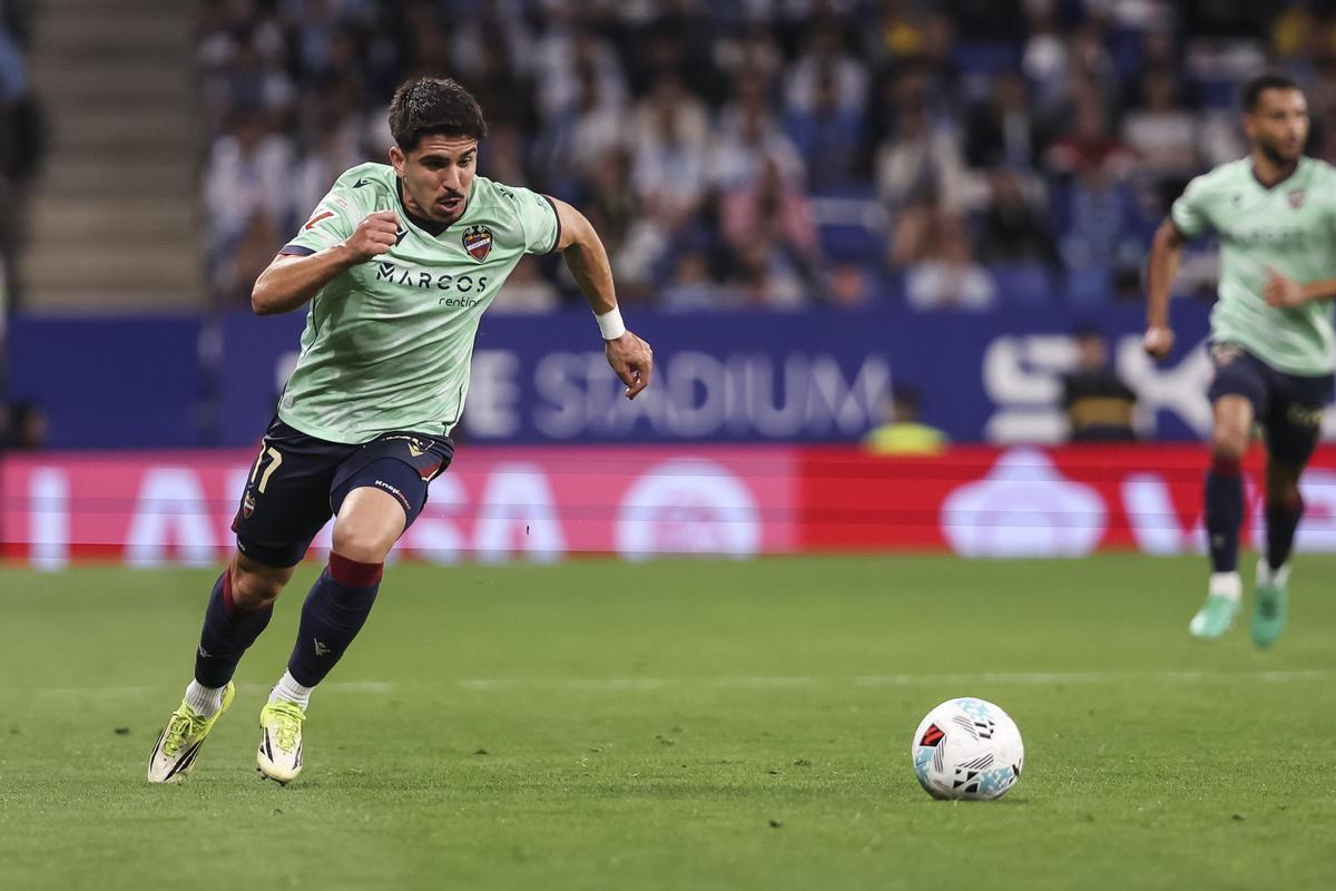 Victor Garcia of Levante UD in action during the Spanish league, LaLiga EA Sports, football match played between RCD Espanyol and Levante UD at RCDE Stadium on April 27, 2026 in Cornella, Spain. AFP7 27/04/2026 ONLY FOR USE IN SPAIN