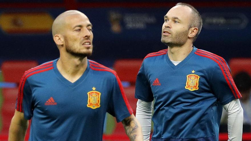 Silva e Iniesta, en el último entrenamiento.