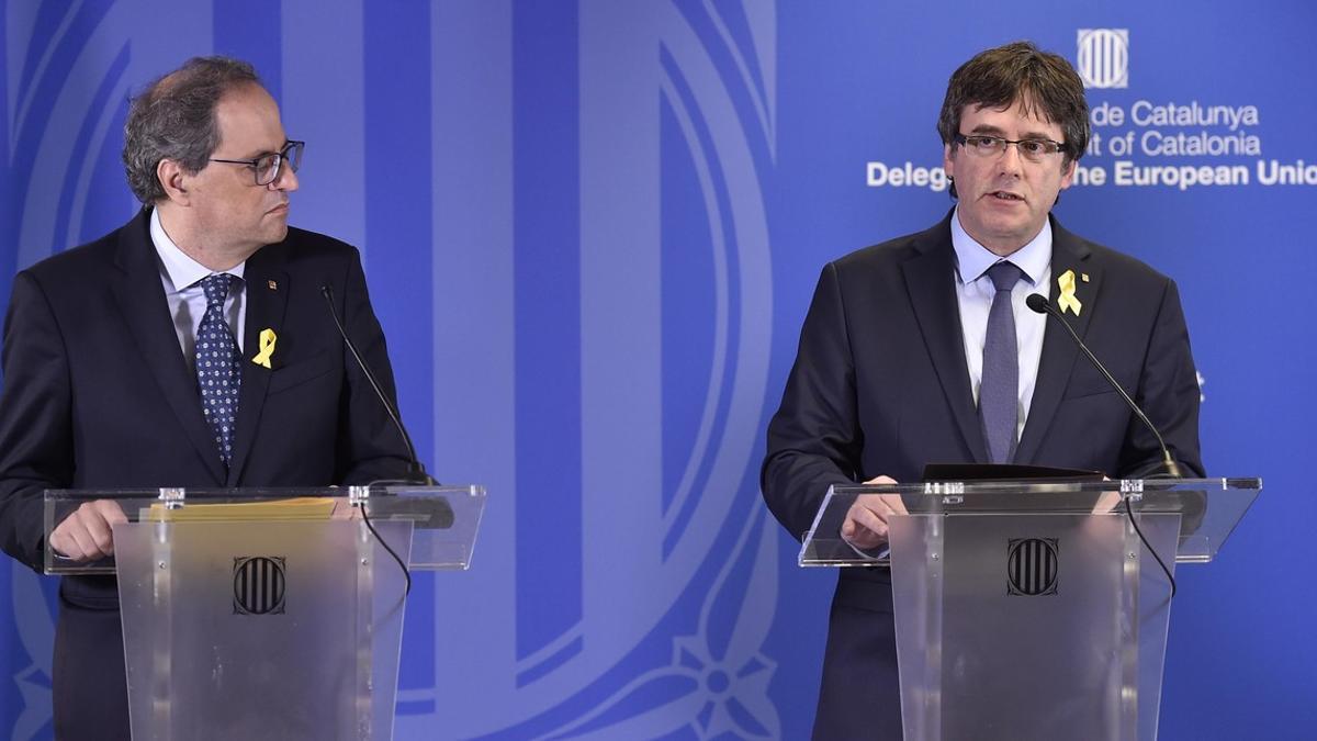 Quim Torra y Carles Puigdemont, en la rueda de prensa que dieron en Bruselas, el pasado 28 de julio.