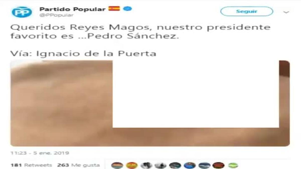 Vídeo en la cuenta Twitter del PP en el que un niño pide a los Reyes Magos la desparición de Pedro Sánchez.