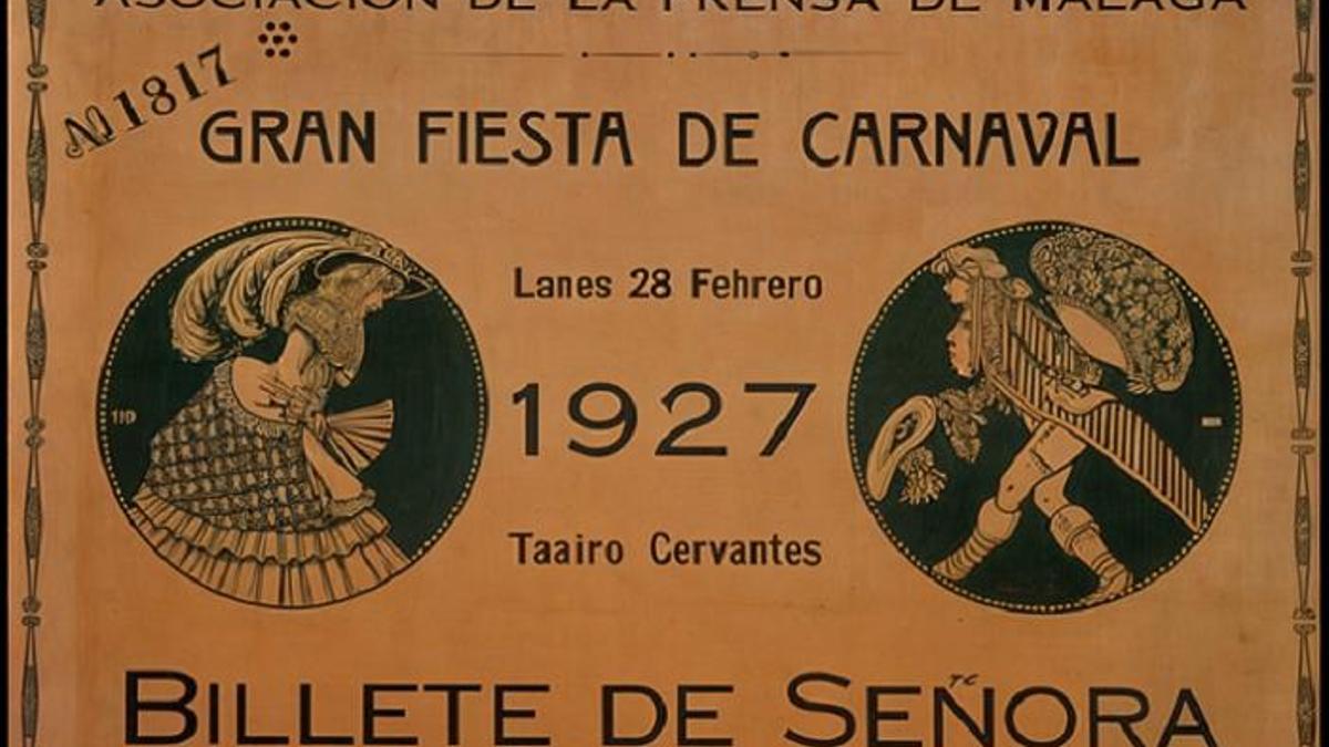 Billete para el baile de Carnaval de Málaga organizado por la Asociación de la Prensa.