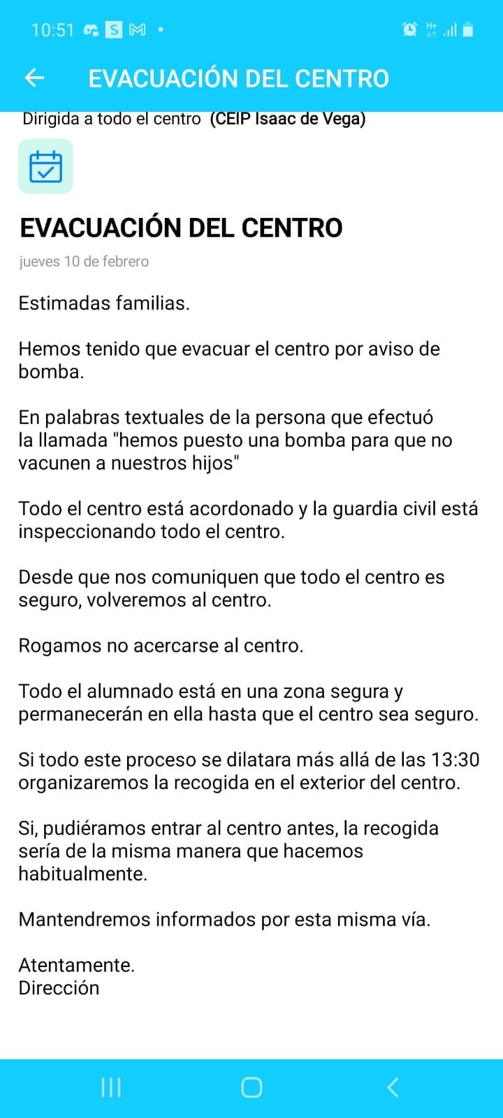 Comunicado de centro educativo de San Isidro.