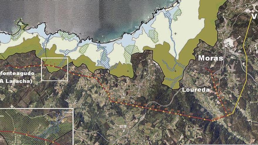 Trazado del tendido de A Laracha a Morás (con puntos) y tramo descartado hasta Vío (línea amarilla).
