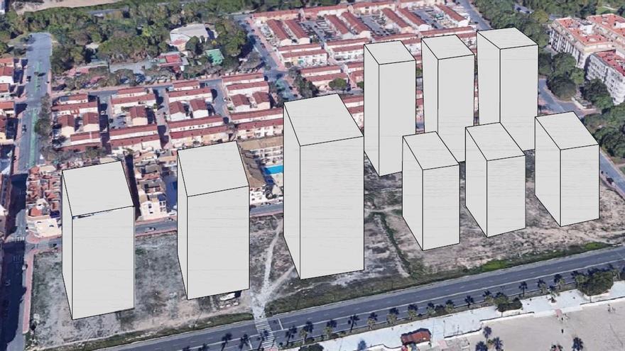 Recreación en alturas y volúmenes de las 9 torres propuestas en Los Náufragos