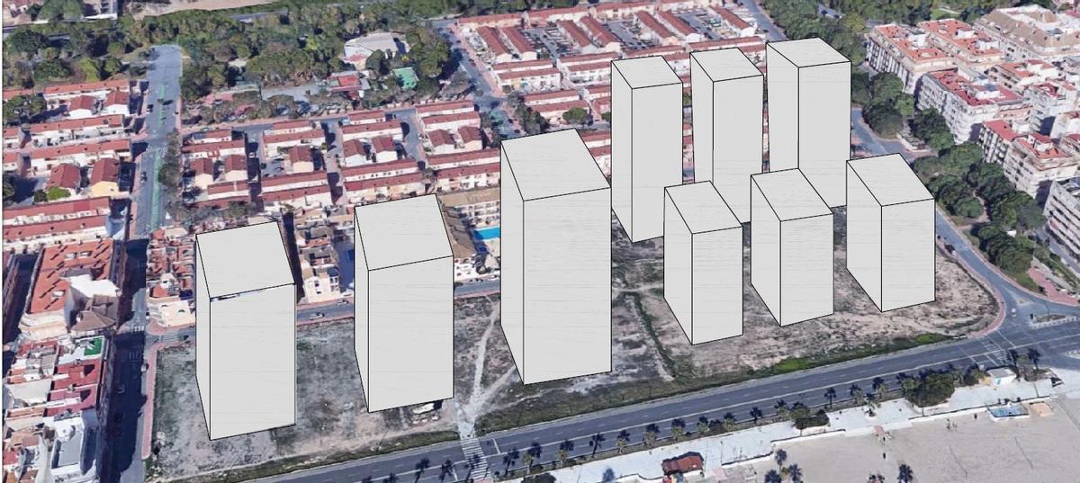 Recreación en alturas y volúmenes de las 9 torres propuestas en Los Náufragos