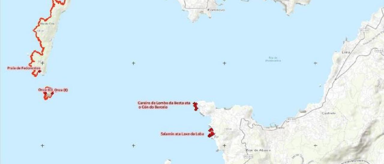 El mapa con las zonas de exclusión en Bueu, situadas en Udra, Lagos y Ons