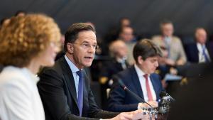 El secretario general de la OTAN, Mark Rutte, durante la reunión de ministros de Defensa de la Alianza celebrada este jueves en Bruselas.