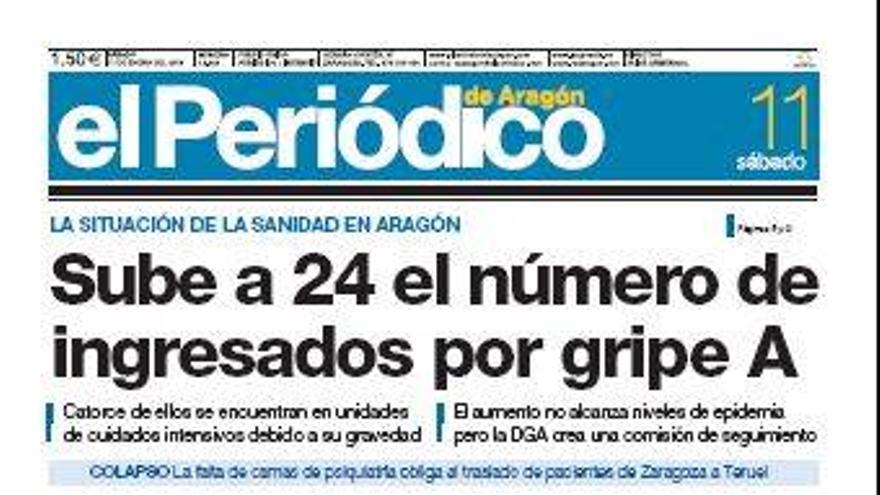 “Sube a 24 el número de ingresados por gripe A”, en la portada de EL PERIÓDICO DE ARAGÓN