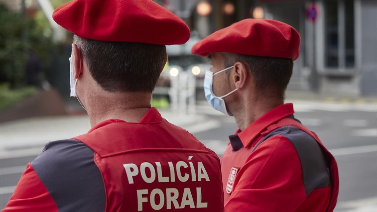 Agentes de la Policía Foral vigilan la entrada al Parlamento de Navarra.