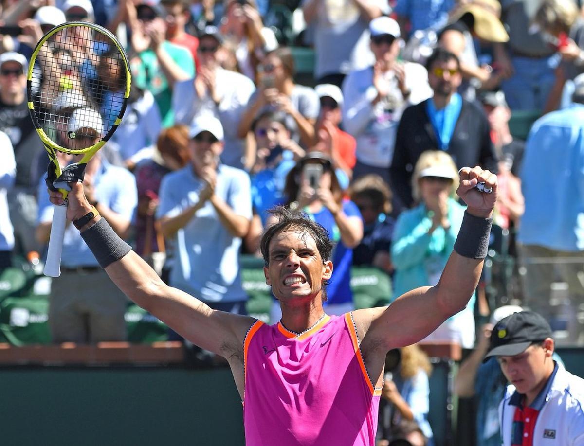 Mar 13, 2019; Indian Wells, CA, USA; Rafael Nadal (ESP) celebrates after defeating Filip Krajinovic (not pictured)  in his fourth round match in the BNP Paribas Open at the Indian Wells Tennis Garden. Mandatory Credit: Jayne Kamin-Oncea-USA TODAY Sports